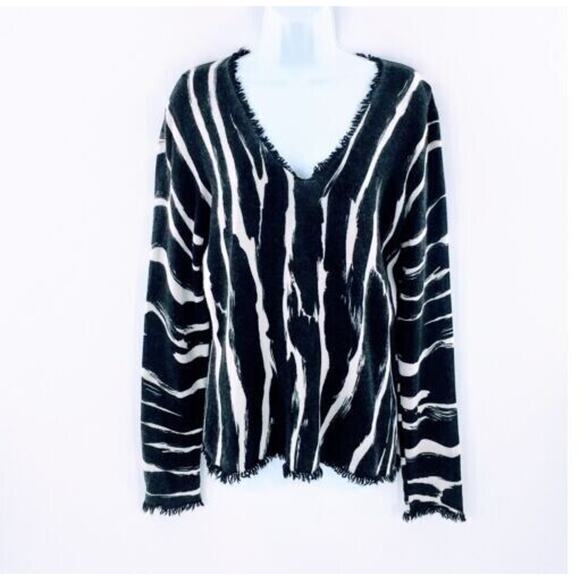 Mainbocher Womens Cashmere Sweater Black White Zebra Print Fringe Detail Medium - Picture 1 of 7